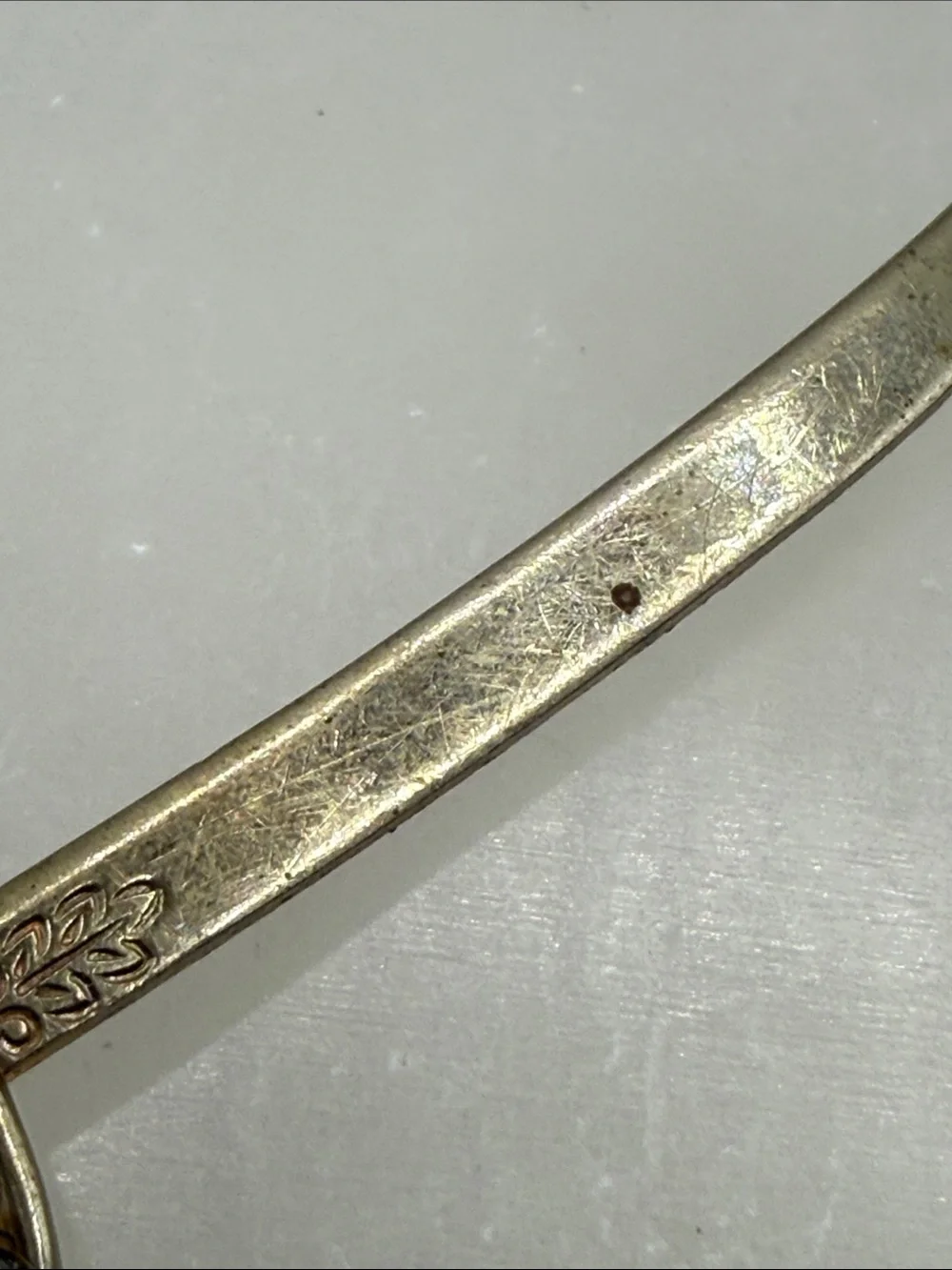 Vintage Rhinestone Sword Letter brooch pin Gold Tone ornate detail distressed